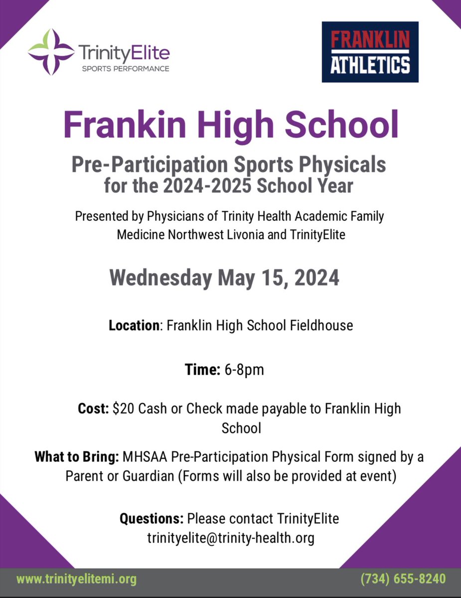 THIS WEDNESDAY: Start preparing for the 24-25 School year by getting your Sports Physical! You can upload it to Final Forms on the spot! $20 - All proceeds go to Franklin Athletics! #FranklinMADE @fhspatriots @EaglesNestEMS @TheColonyFHS @LivoniaDistrict