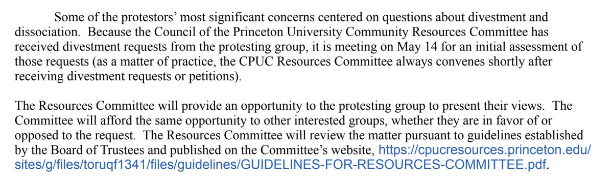 Princeton President Eisgruber: We're going to let protesters make the case to the investment committee for divestment, and those student groups opposed can make the case against, too. And you have to get off Cannon Green, we need that for graduation. drive.google.com/file/d/11bzuC7…