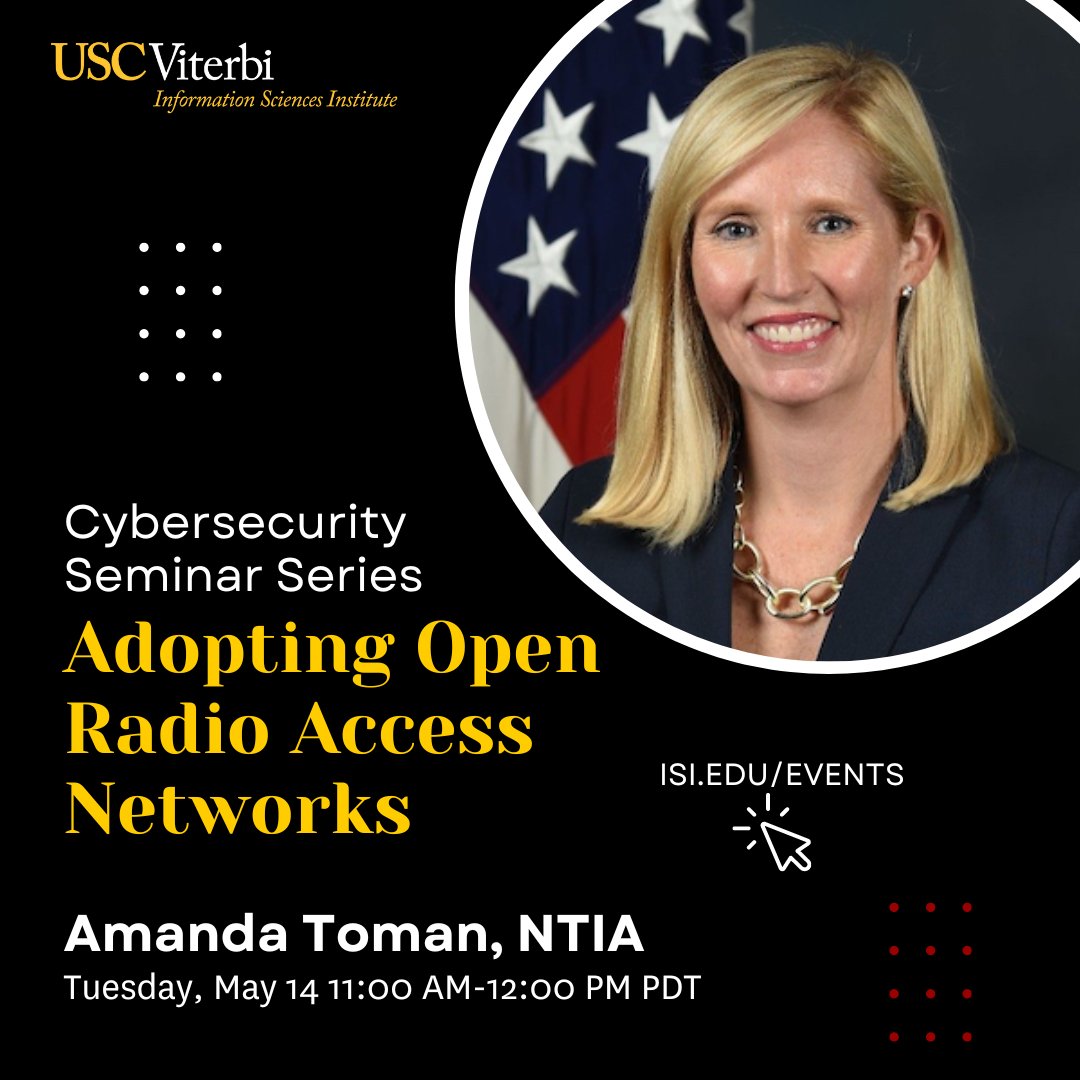 Join our cybersecurity seminar! Amanda Toman is the Director for the Public Wireless Supply Chain Innovation Fund at the National Telecommunications and Information Administration. She’ll present why the U.S. Government should adopt 5G and Open RAN. Join:bit.ly/3JZQysR