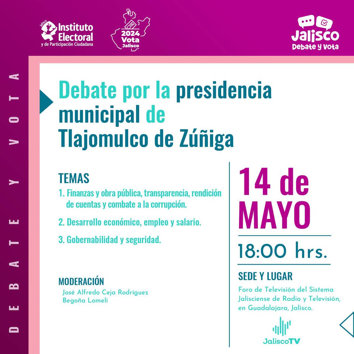 #JaliscoDebate2024 Te invitamos a seguir el debate entre las candidaturas a la presidencia municipal de Tlajomulco de Zúñiga organizado por el Consejo General del IEPC Jalisco. 🗓️ martes 14 de mayo ⏰ 18:00 hrs.