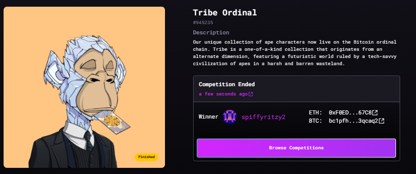 Congrats to @spiffyritzy on winning Tribe Ordinals #945235🎟️📷 We'll be adding more raffles so get involved! Check out all on going raffles here: tribeodyssey.com/raffles