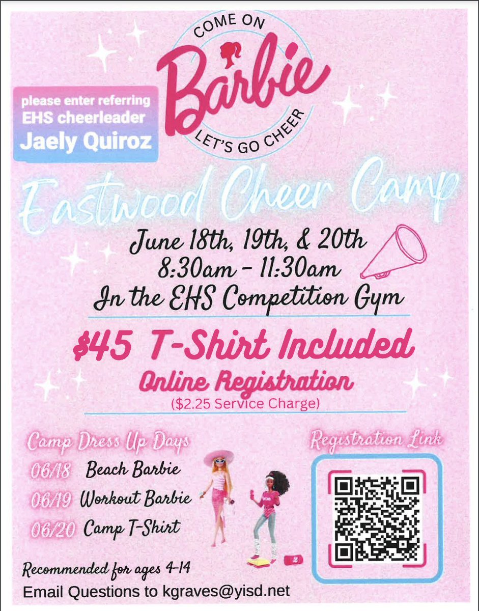 Trooper Barbie Cheer Camp! Sign up now for an out of this world camp! @EastwoodHQ @Gmaria1G @YsletaISD