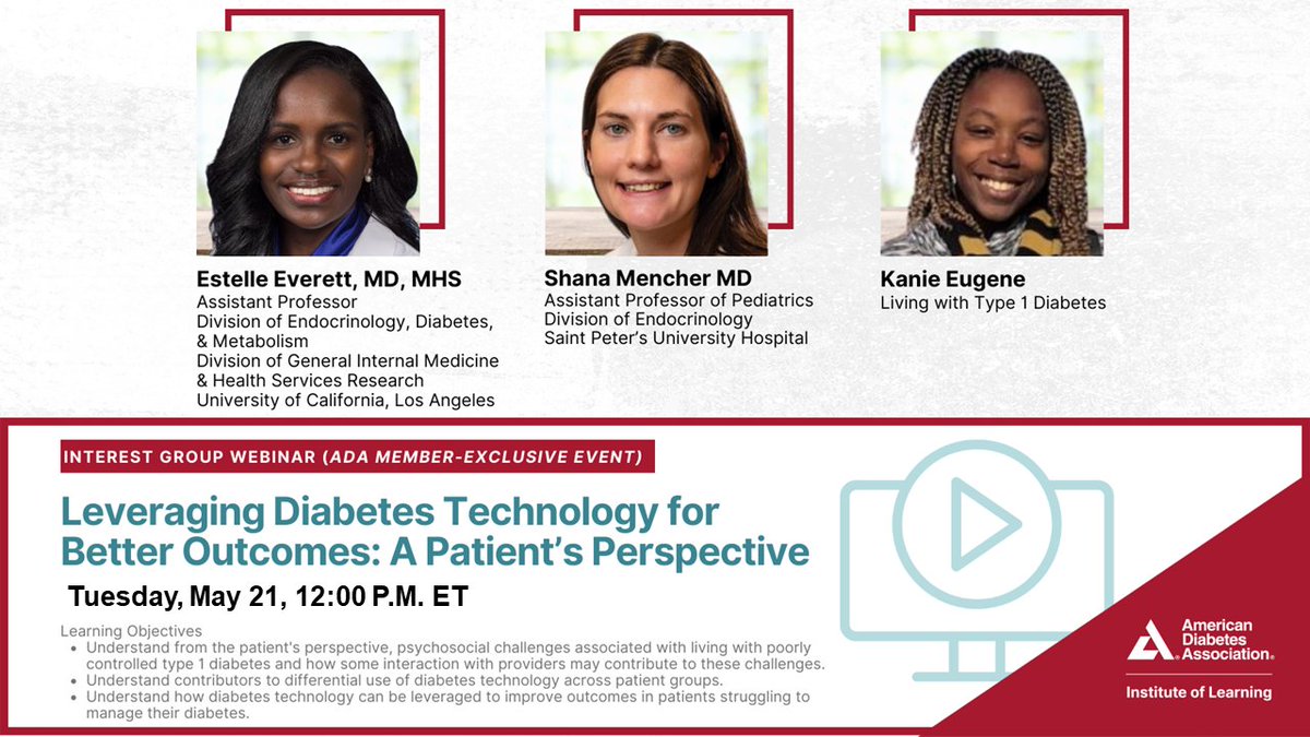 Join us on Tuesday May 21 at 12:00 pm EST for a webinar on "Leveraging Diabetes Technology for Better Outcomes: A Patient’s Perspective".  Register now!
professionaleducation.diabetes.org/URL/Product/LD…