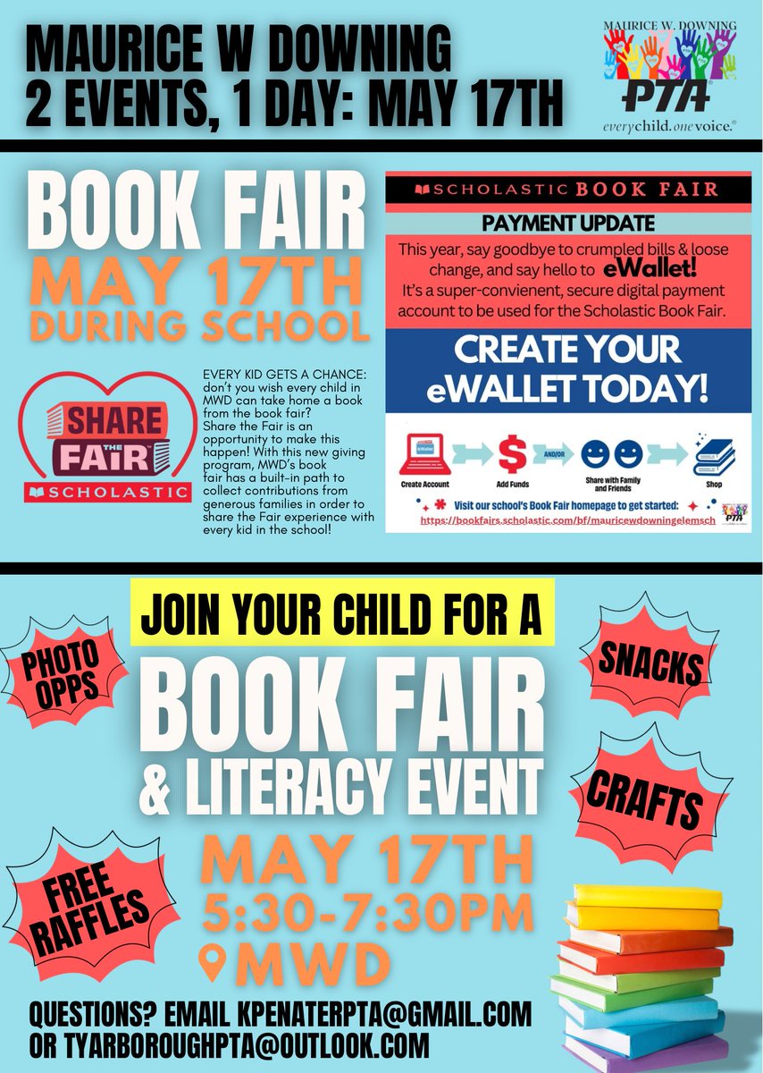 BOOK FAIR EVENTS ARE THIS FRIDAY, 05/17 - CLICK THE LINK TO ADD TO YOUR CHILD'S E-WALLET. 🔗: bookfairs.scholastic.com/bf/mauricewdow… Also, be sure to check out the new Share the Fair option to be sure all children are included. HOPE TO SEE YOU THERE!