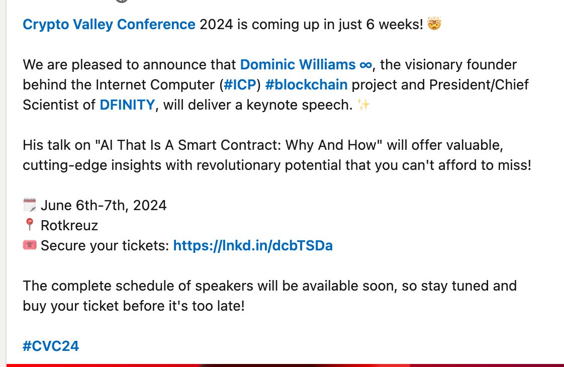 Crypto Valley Conference 2024 is coming up
Dominic Williams ∞, the visionary founder behind the Internet Computer (hashtag#ICP) hashtag#blockchain project and President/Chief Scientist of DFINITY, will deliver a keynote speech. ✨ $ICP