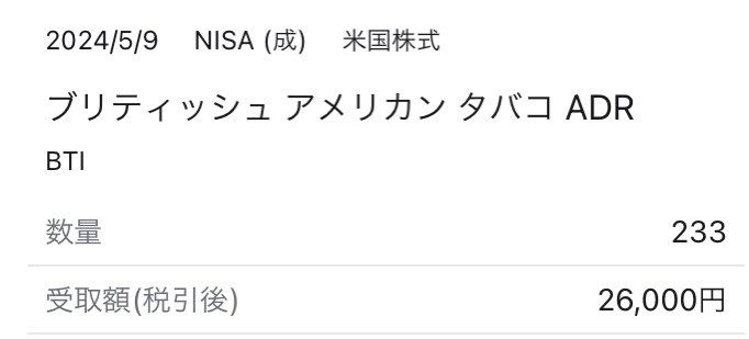 新NISAの成長投資枠でBTI購入。
年に4回2万円以上の配当金がもらえるの強すぎません？？
高配当万歳🙌