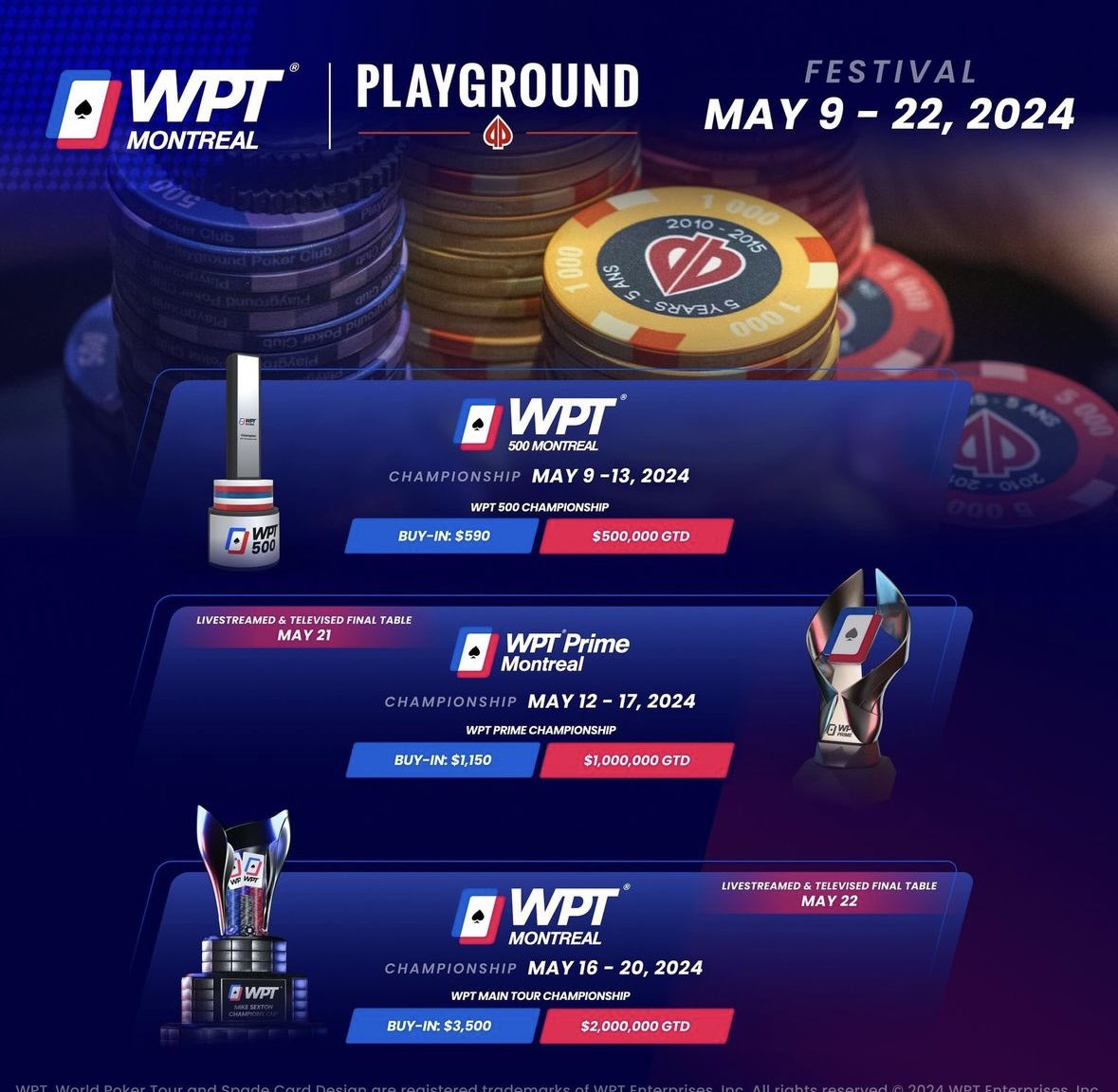 So much fun going on with all the festivities and all the festivals happening at beautiful Montreal <a href="/PlaygroundPoker/">Playground Poker</a> <a href="/WPT/">World Poker Tour</a>. It’s been a minute for me and I can’t wait to be back for the Final Tables of WPT Prime Championship and WPT Montreal Championship May 21 &amp; 22nd ! 😎🇨🇦♠️