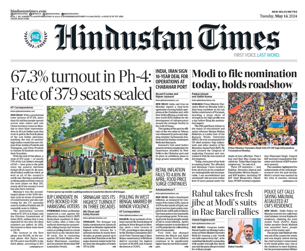 ➡️ 67.3% turnout in fourth phase of voting ➡️ PM Narendra Modi to file nomination today Read more in today's Hindustan Times print edition 📰 epaper.hindustantimes.com Subscribe bit.ly/2QAOH22