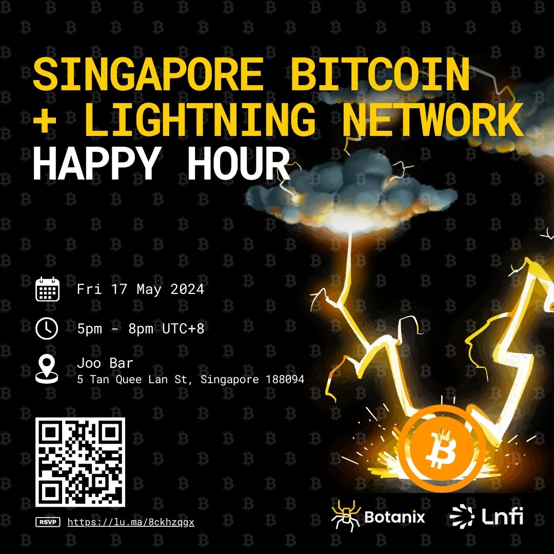 Dear #Bitcoin ers and #Lightning ers in #Singapore! Join us for a Happy Hour event with <a href="/BotanixLabs/">Botanix | Mainnet LIVE 🟢</a> at <a href="/joobarsg/">Joo Bar</a>, a Bitcoin/Lightning bar, this Friday, May 17. Limited slots available. RSVP at lu.ma/8ckhzqgx