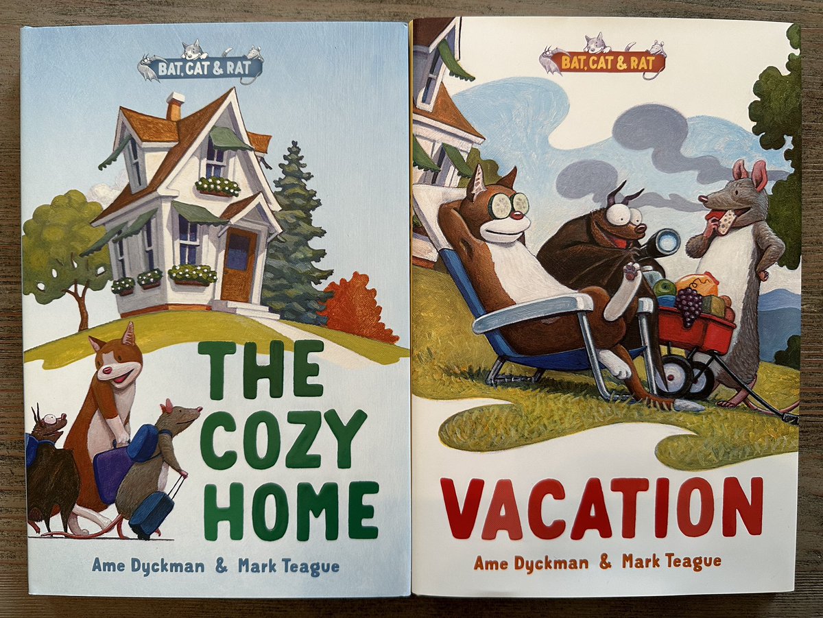 YAY! 🎉! #KIDLIT #GIVEAWAY! ⭐️JUST RT⭐️ to enter to win: BAT, CAT & RAT #1: 🏠THE COZY HOME🏠 & the NEW: BAT, CAT & RAT #2: ☀️VACATION☀️ #BookBirthday: 🎂TUES 5/21/24🎂! 5 random winners at 10 PM EST FRI 5/17/24 win BOTH 📚! 🦇🐈🐀: “GOOD LUCK!” #MarkTeague @SimonKIDS