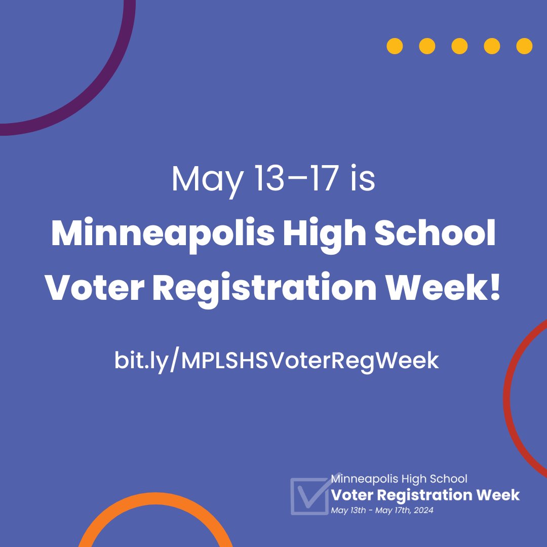 MPS_News's tweet image. This week is High School Voter Registration Week in Minneapolis - an effort to enhance youth voter registration in schools across the city! 

Learn more and register at bit.ly/MPLSHSVoterReg….

The effort is led by the City of Minneapolis Elections &amp;amp; Voter Services Department in…