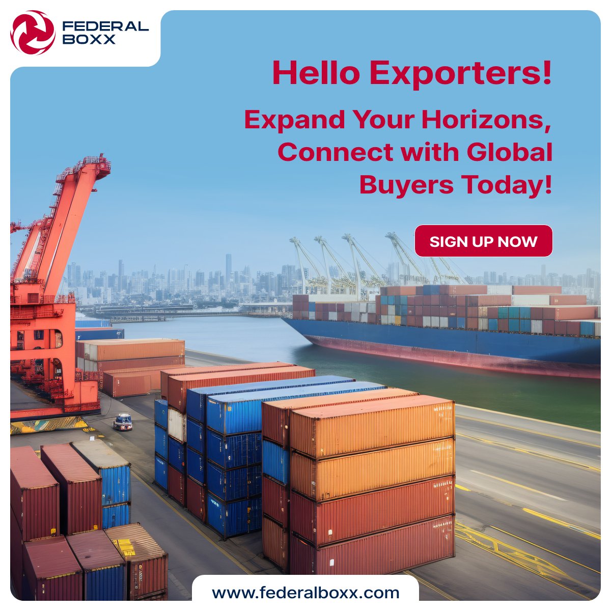 Hey Exporters!  Ready to expand your horizons? Connect with global buyers and take your business to new heights! Sign up with FederalBoxx today. Don't miss out, sign up now! #Exporters #GlobalBuyers #BusinessExpansion #Networking