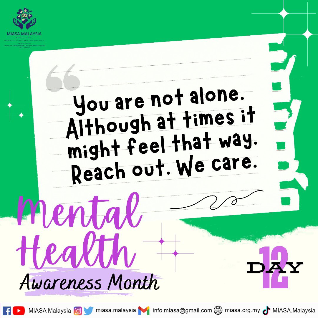 🌟 Day 12 of 30 Days Mental Health Awareness Month 🌟

💙 You Are Not Alone. Although at Times It Might Feel That Way. Reach Out. We Care. 💙

In our journey towards mental well-being, it's important to remember that we are never alone, even when the darkness feels overwhelming.