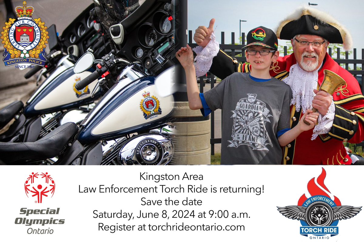 The Law Enforcement Torch Ride returns to Kingston on June 8 to raise funds for Special Olympics Ontario @SOOntario. See the link for more details including how to register to ride or donate. #ygk #RidinForAReason kingstonpolice.ca/news/posts/law…
