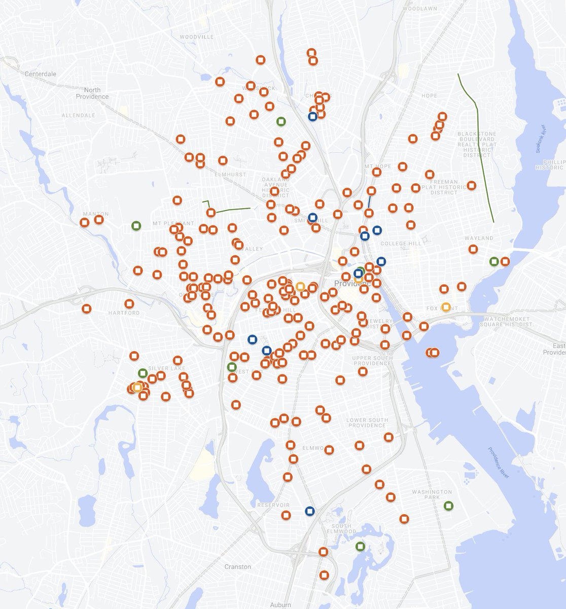 I mapped out the named squares* of Providence! *and a bunch of other public spaces that memorialize the people of Providence like plazas, piazzas, parks, parkways, fountains, tot lots, little league fields, and even a telephone pole. Take a closer look: google.com/maps/d/u/2/edi…