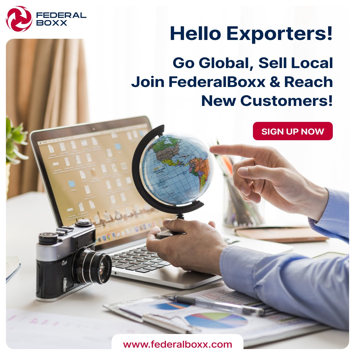 Hey Exporters!  Ready to go global and sell local? Join FederalBoxx today and reach new customers worldwide! Sign up now and expand your business horizon. #Exporters #GoGlobal #SellLocal #GlobalMarket #BusinessExpansion