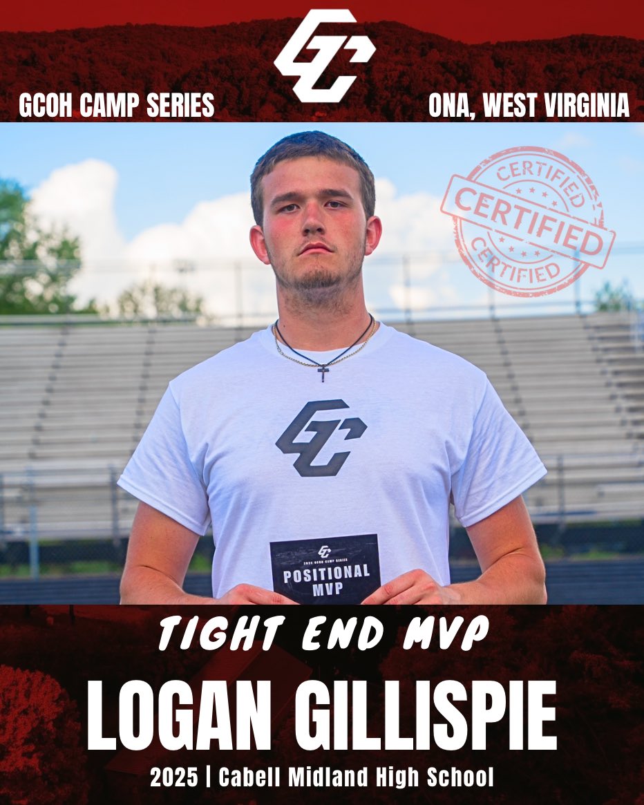 GC Exposure Camp Series (@gcecampseries) on Twitter photo 🏆MVP🏆
Congratulations to Logan Gillispie on being named a Tight End MVP at the GCOH Camp Series in Ona, WV👏👏
<a href="/logan_gillispie/">Logan Gillispie</a> 
@CoachGordon0 <a href="/WESLEYBROWNSR/">Gorilla Strength & Fitness</a>
<a href="/BlueChipsFB/">BlueChips Football</a> <a href="/Ryan_Clary_/">Ryan Clary</a>
<a href="/PullUpNRek304/">T.R. Dues</a> <a href="/304TuranRush/">Turan Rush</a>
<a href="/ALNK_pacman/">Henry Barron-Houchins</a> @DariusStills56
<a href="/porter9126/">Davonta Porter</a> <a href="/coachicenhower/">Mike Icenhower</a> 🏆MVP🏆
Congratulations to Logan Gillispie on being named a Tight End MVP at the GCOH Camp Series in Ona, WV👏👏
<a href="/logan_gillispie/">Logan Gillispie</a> 
@CoachGordon0 <a href="/WESLEYBROWNSR/">Gorilla Strength & Fitness</a>
<a href="/BlueChipsFB/">BlueChips Football</a> <a href="/Ryan_Clary_/">Ryan Clary</a>
<a href="/PullUpNRek304/">T.R. Dues</a> <a href="/304TuranRush/">Turan Rush</a>
<a href="/ALNK_pacman/">Henry Barron-Houchins</a> @DariusStills56
<a href="/porter9126/">Davonta Porter</a> <a href="/coachicenhower/">Mike Icenhower</a>