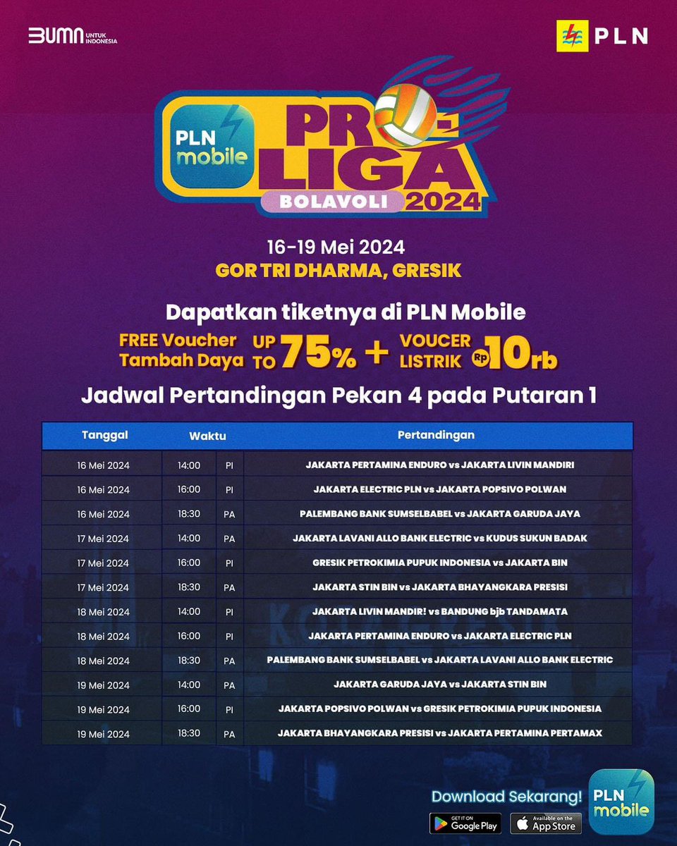 Hi Electrizen, siap menyaksikan pertandingan PLN Mobile Proliga 2024 pada pekan 4 putaran 1? 

📍16-19 Mei 2024 di GOR TRI DHARMA, GRESIK 

#PLNMobile 
#SemuaMakinMudah
#Proliga2024