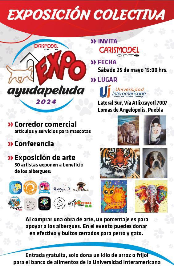 🐾 Para apoyar a los albergues de animalitos en #Puebla, el 25 de mayo se realizará la Expo Ayuda Peluda, en la Universidad Interamericana. 🐶🐱 Al comprar una obra de arte, también apoyas a los refugios. En el evento puedes donar en efectivo y bultos para perro y gato. 💕