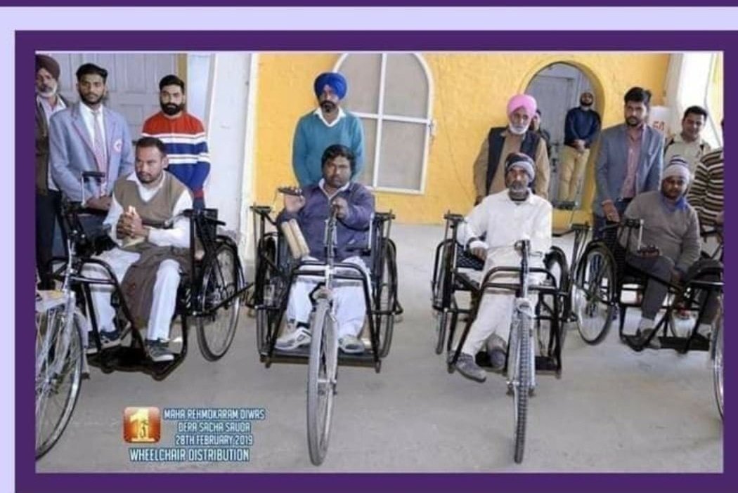 As a ritual to celebrate occasion with welfare works at Dera Sacha Sauda, wheelchair and calipers are frequently provided to the physically challenged people. 
#साथी_मुहिम inspiration source: 
Ram Rahim