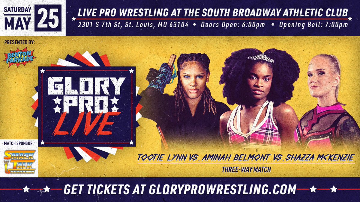 Three-way action LIVE at the South Broadway Athletic Club! @Shazza_McKenzie takes on @TheTootieLynn and the debuting @AminahBelmont Saturday May 25 | 7pm Sponsored by @SmackTalkShwdwn