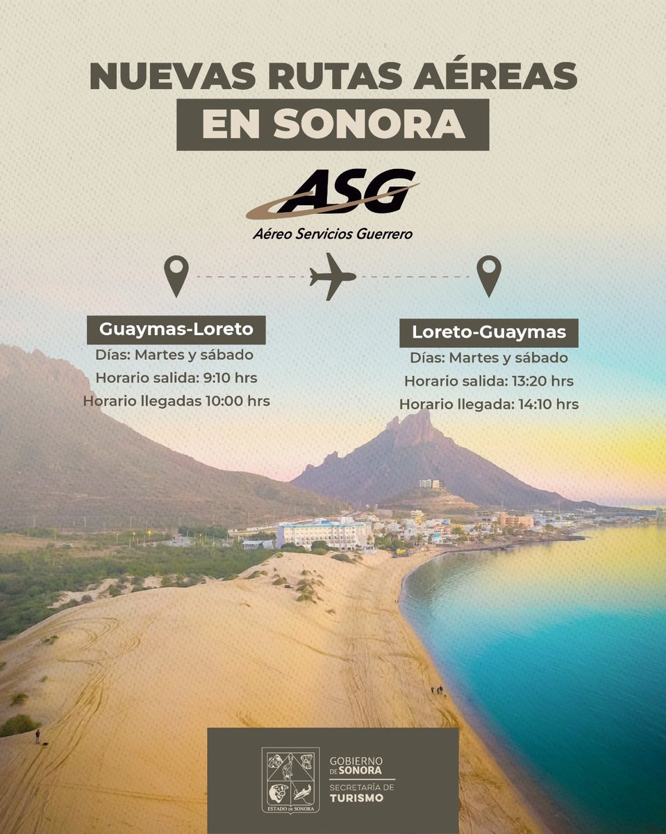 ✈️ ¡Conoce las nuevas rutas aéreas en Sonora! Dando seguimiento al trabajo de promoción turística y conectividad de nuestro estado, comprobamos una vez más que Sonora es un destino extraordinario para visitar.