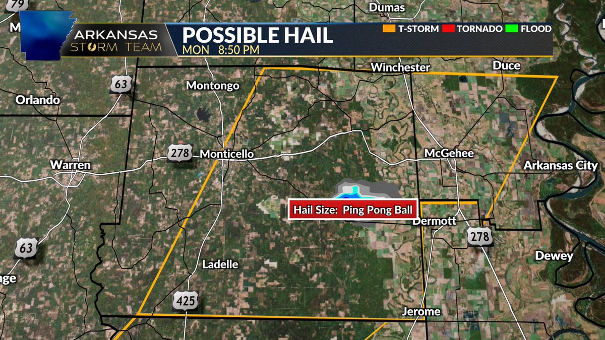 Large hail with this storm in eastern Drew county. This is moving northeast. #ARWX #ARStormTeam