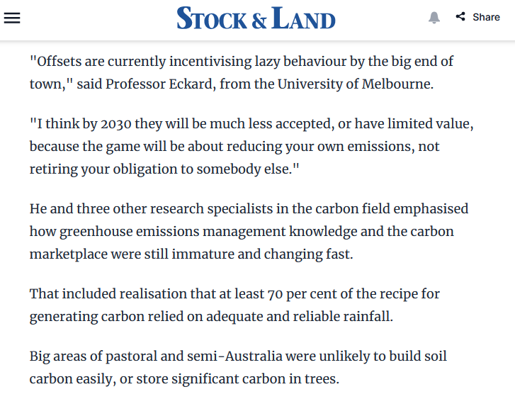 'Offsets are currently incentivising lazy behaviour by the big end of town,' said Professor Eckard, from the University of Melbourne. @rjeckard stockandland.com.au/story/8625632/… #climate #auspol