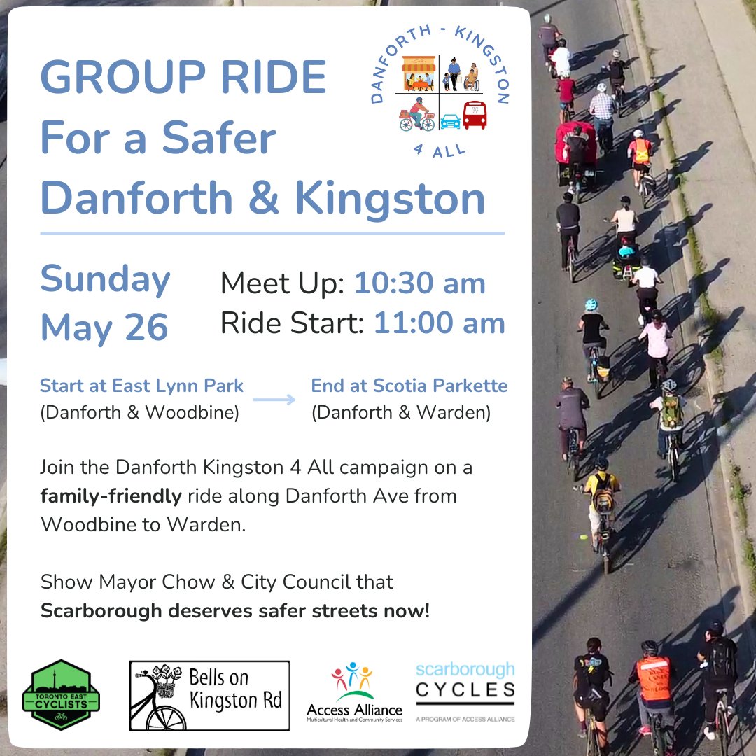 Join us on May 26 for a family-friendly group ride for a safer Danforth and Kingston! We leave at 11 am from East Lynn Park, and will ride along Danforth to Warden.

Scarborough deserves safe streets. RSVP today: actionnetwork.org/events/group-r…

#BikeTO #WalkTO #TOpoli #ScarbTO #Ward20