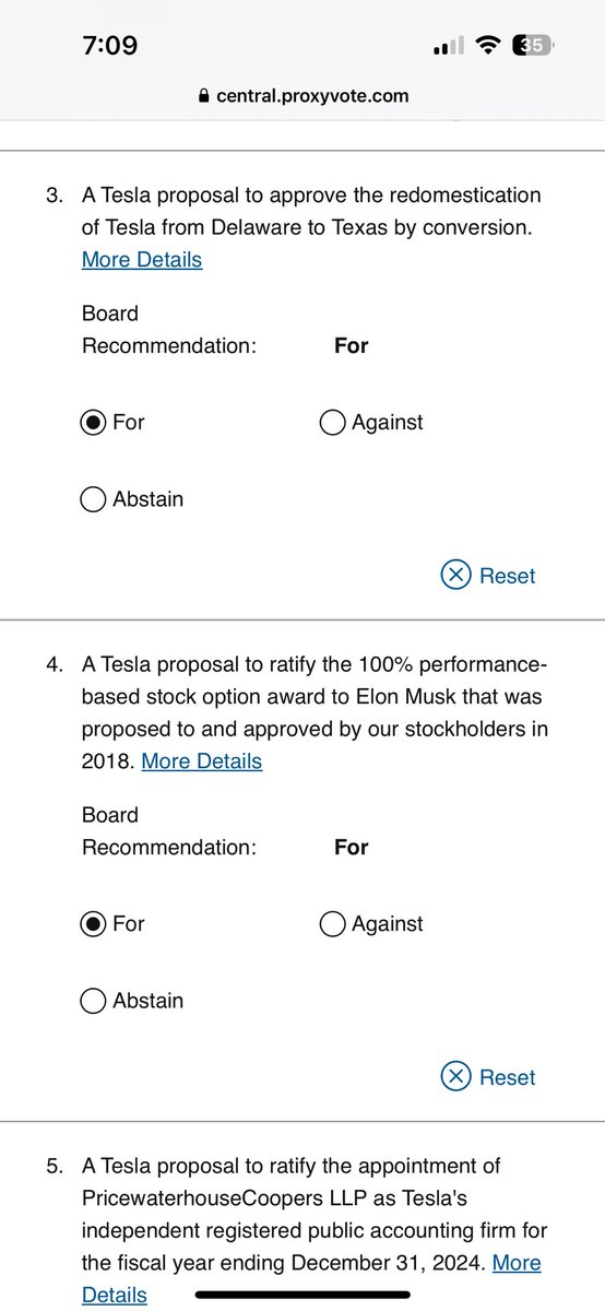 Just Voted my Tesla shares for Elon Musk’s compensation plan. The stock dropped when the plan was undermined, therefore indicating to me that the market thinks his pay plan should have remained in place.