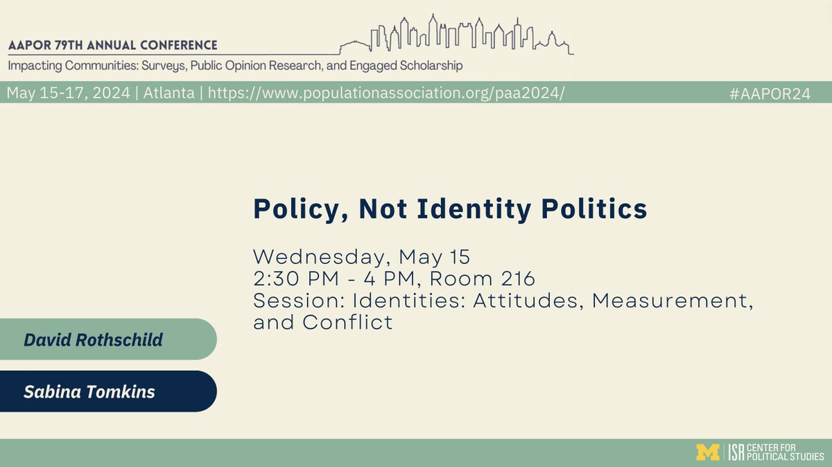 Tomorrow at #AAPOR24, @DavMicRot and Sabina Tomkins @umisrcps explore the predictive power of policy relative to political identity. Their analysis is based on two surveys run a week apart with the same respondent pool.