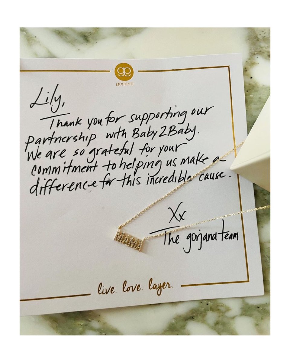 We are so grateful to @gorjana_brand for continuing to give back to Baby2Baby and the moms we serve with this gorgeous Mama necklace in honor of Mother's Day and our Angel @LilyAldridge for supporting our impactful partnership!