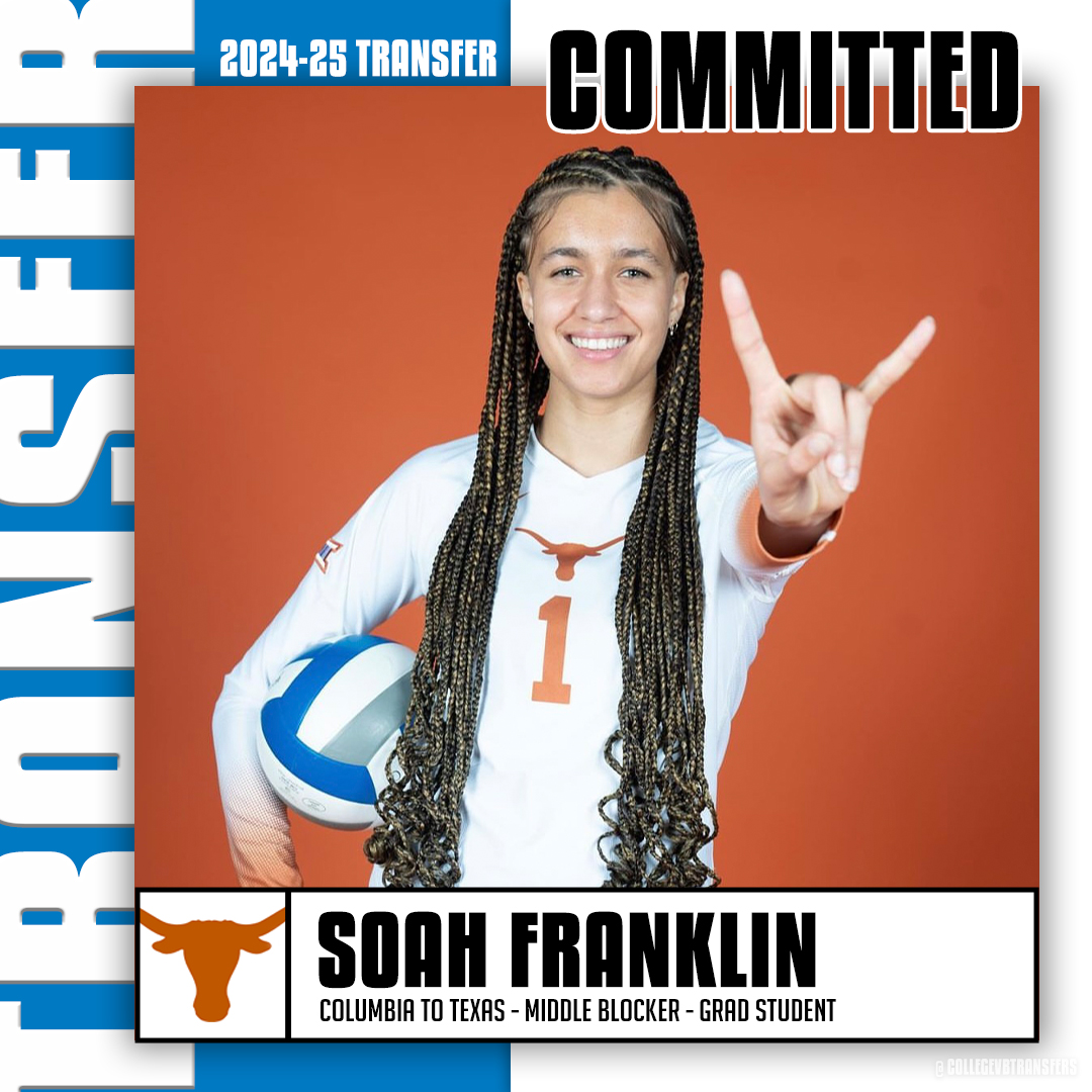 𝗧𝗿𝗮𝗻𝘀𝗳𝗲𝗿 ✏️: Soah Franklin 🏐: Middle Blocker 🎓: Grad Student ⬅️: Columbia ➡️: Texas #CollegeVBTransfers | #NCAAWVB