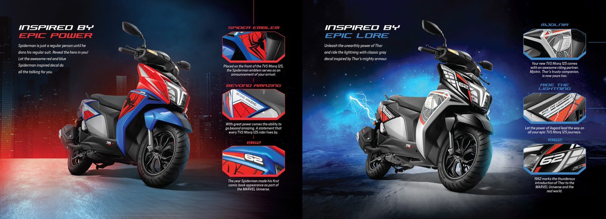 Race Inspired Design ✅ Blistering XPerformance ✅ Cutting Edge XTechnology ✅ Marvel Heros as well? ✅ Website: tvsmotor.com/tvs-ntorq Time to move to the #TVSNTorq #PlaySmart #PlayNeXT #PlayEpic #TheChoiceOfTheNumber1 #TVS #Ntorq #TVSMotorCompany