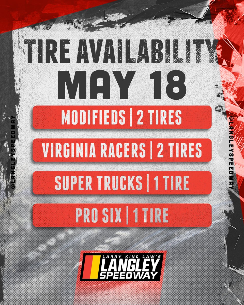𝗔𝘁𝘁𝗲𝗻𝘁𝗶𝗼𝗻 𝗥𝗮𝗰𝗲 𝗧𝗲𝗮𝗺𝘀: Here is the tire availability for Dominion Floor Covering Race Night! Practice tires will be available for purchase for modified teams.