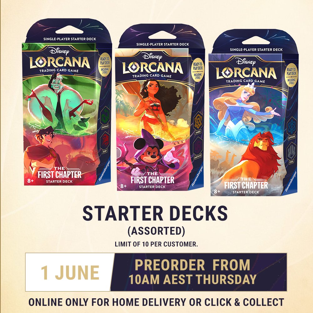 JUST ANNOUNCED! 📣 The Disney Lorcana Trading Card Game is officially launching for the first time in Australia! Preorder from 10am AEST Thursday 16 May! Limited time only. While stocks last. bit.ly/3yitNOt