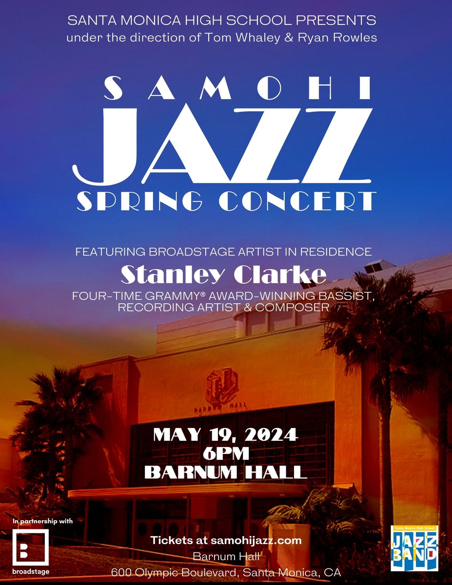 🎷Are you a jazz aficionado or just love great music? Join us for the Samohi Jazz Bands Spring Concert, featuring Grammy winner, Stanley Clarke, 5.19.24, 6 p.m. Tickets: samohijazz.com. Donations are appreciated to help support this program! @SamohiPrincipal @Dr_AShelton