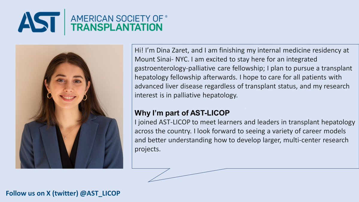 Liver/Intestinal Community of Practice - AST (@ast_licop) on Twitter photo Welcome one of our newest members of #LICOP⭐️
<a href="/dinaszaret/">Dina Zaret</a>👏
She will start a GI-palliative combined fellow program <a href="/MountSinaiNYC/">Mount Sinai Health System</a> and then txp hepatology <a href="/MountSinaiLiver/">MountSinaiLiver</a> afterward!
Looking foward to all the great things she will bring to #LICOP and our field!
#LiverTwitter Welcome one of our newest members of #LICOP⭐️
<a href="/dinaszaret/">Dina Zaret</a>👏
She will start a GI-palliative combined fellow program <a href="/MountSinaiNYC/">Mount Sinai Health System</a> and then txp hepatology <a href="/MountSinaiLiver/">MountSinaiLiver</a> afterward!
Looking foward to all the great things she will bring to #LICOP and our field!
#LiverTwitter