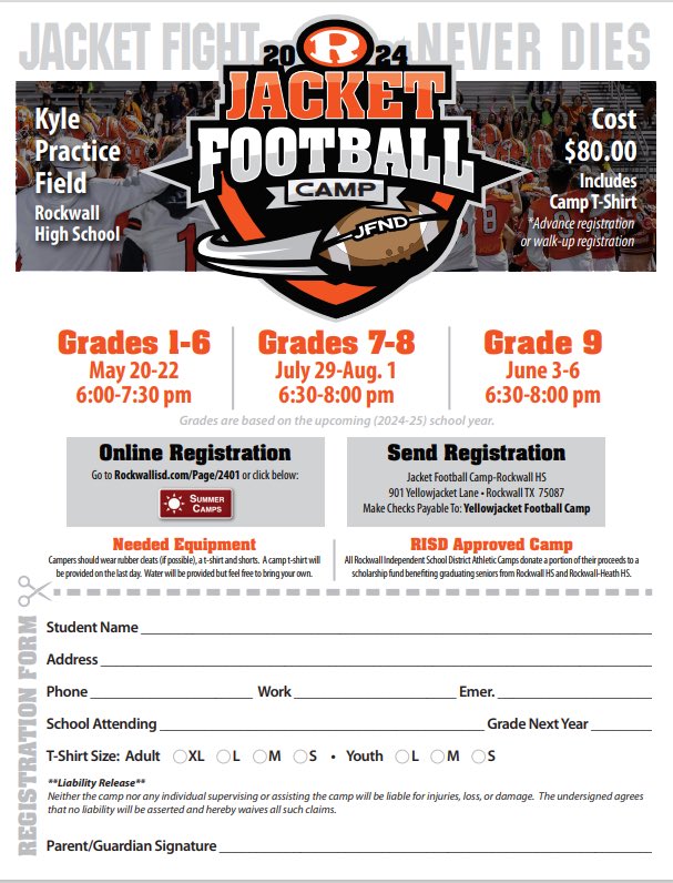 Calling all Future Jackets!!! Parents don’t forget we’ve got the most fun 3 days of your child’s life coming up next week! Jacket Football Camp!! Register and pay online or just show up and register in person. rockwallisd.com/Page/2401 #JFND l #FutureJackets