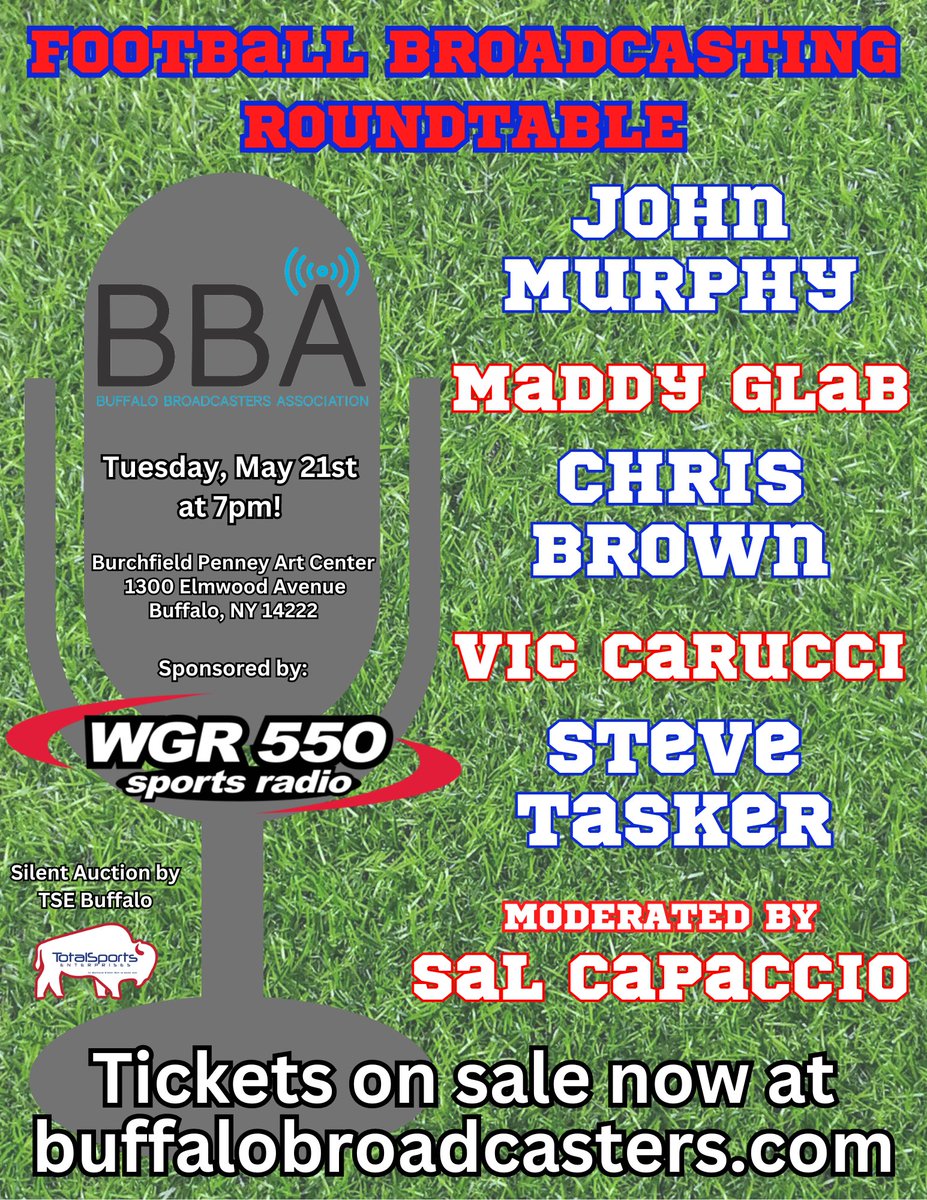 Join the <a href="/bflobroadcaster/">Buffalo Broadcasters</a> association for a roundtable discussion on what it takes to work as a broadcaster covering professional football! It all happens on 5/21 at 7pm inside the Burchfield Penney Art Center. Get your tickets: bit.ly/4bui51i