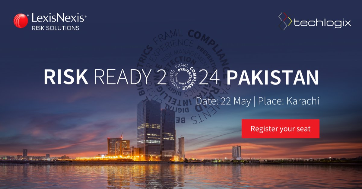 Join us at our event ‘Risk Ready Pakistan 2024’, to learn more about the latest regulatory priorities for Pakistan and how financial institutions should combat financial crime and digital fraud. I work for LexisNexis Risk Solutions. bit.ly/3K3KQGx