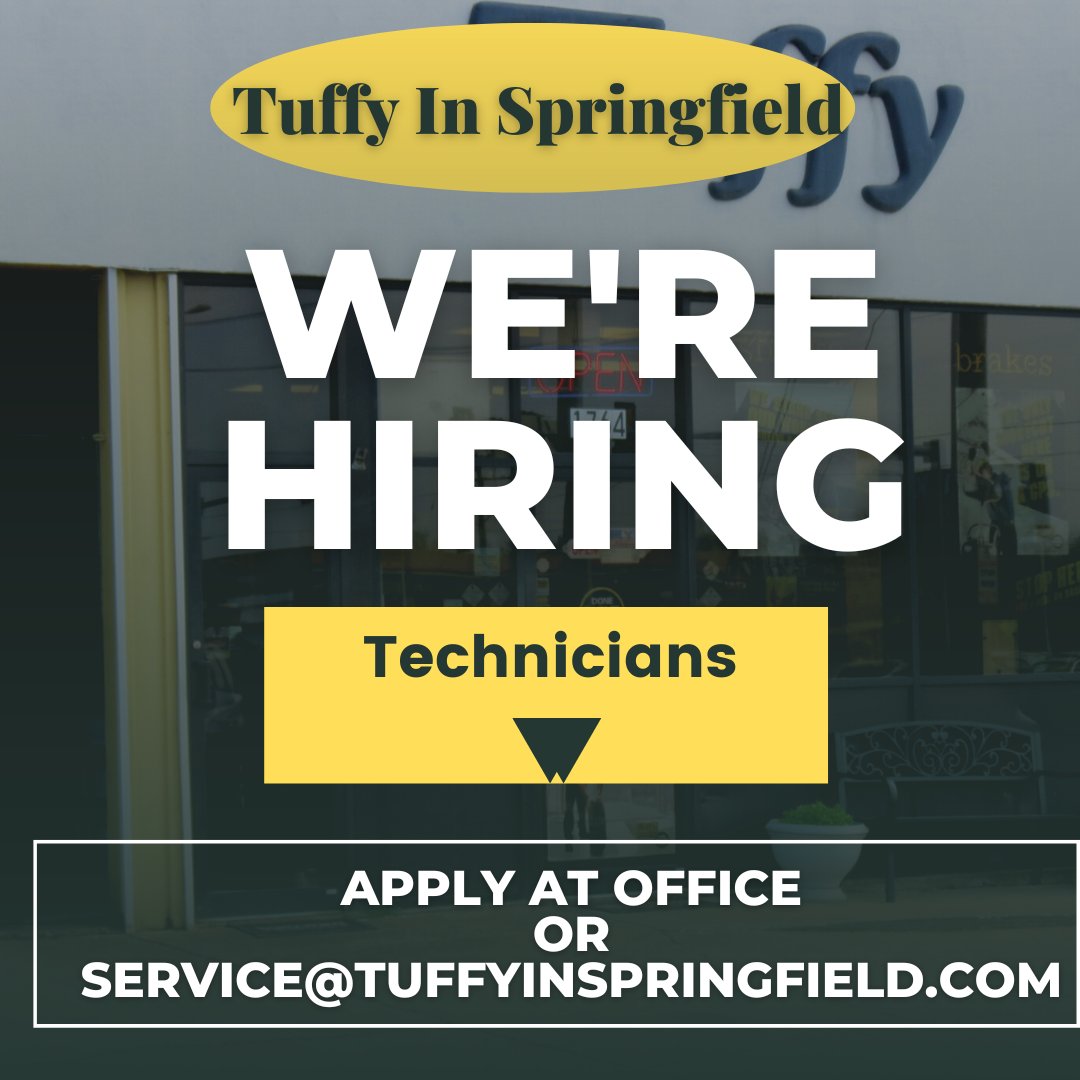 Join the Tuffy Crew! We are hiring technicians. Please apply at the office or email us at service@tuffyinspringfield.com. @TuffyInSpfld