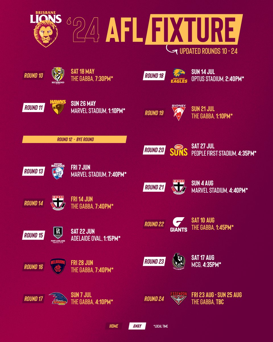 The remainder of our 2024 fixture is here! Who doesn't love arvo footy in Brissy winter?! 😍🦁