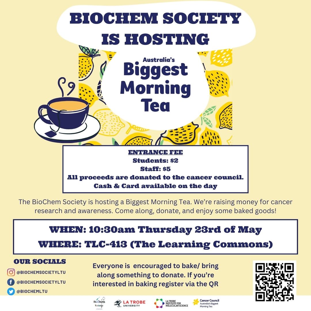 BioChem Society LTU (@biochemltu) on Twitter photo New event alert! 🔔 The BioChem Society is hosting a morning tea on the 23rd of May as part of <a href="/CancerCouncilOz/">CancerCouncilOz</a>'s Biggest Morning Tea 🫖☕️ Come along with your tea or coffee, enjoy some delicious treats, and all attendees will be entered into a raffle giveaway 🎟️🥳 New event alert! 🔔 The BioChem Society is hosting a morning tea on the 23rd of May as part of <a href="/CancerCouncilOz/">CancerCouncilOz</a>'s Biggest Morning Tea 🫖☕️ Come along with your tea or coffee, enjoy some delicious treats, and all attendees will be entered into a raffle giveaway 🎟️🥳