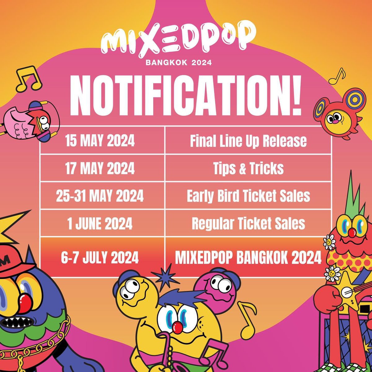 📢 MIXEDPOP NOTIFICATION! 🍭👀 อย่าลืมนัดของเรา เตรียมตัวกดบัตรมาเจอกัน! เปิดโหมดเเจ้งเตือน เปิดเสียงนาฬิกาปลุกให้ดังๆ 😜 . 🍭จำหน่ายบัตร Early Bird 25 - 31 MAY 2024 💵บัตร Early Bird ราคา 1,200 บาท (จากปกติราคา 1,600 บาท) 🎫บัตร 1 ใบ เข้าได้ 2 วัน . 🫶🏻𝐌𝐈𝐗𝐄𝐃𝐏𝐎𝐏