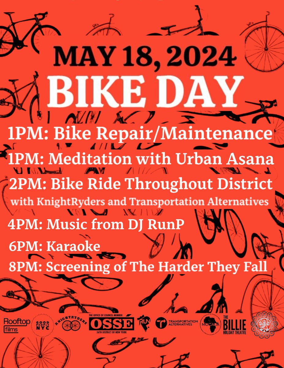 Join @OsseChi's annual Bike Day ride! See you this Sat, May 18, 2 pm at Restoration Plaza, 1368 Fulton St, b/w New York & Brooklyn Aves!! It will be a chill and fun community ride of District 36 with stops in the district...led by our friends at Knight Ryders!