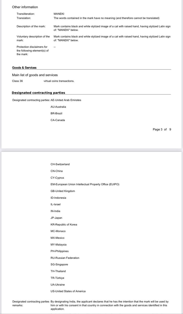 🚨 NEW: Solana Memecoin $MANEKI (@UnrevealedXYZ) has secured global trademark rights through Madrid Protocol filing.