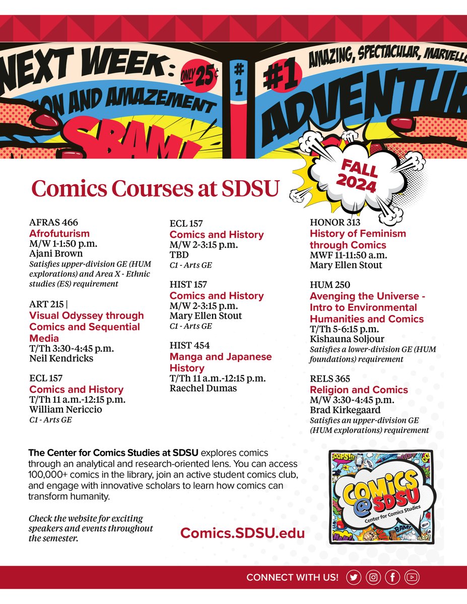 Comics at SDSU (@comicsatsdsu) on Twitter photo Check out all the comics-focused courses you can take <a href="/SDSU/">San Diego State University</a> this Fall 2024! Check out all the comics-focused courses you can take <a href="/SDSU/">San Diego State University</a> this Fall 2024!