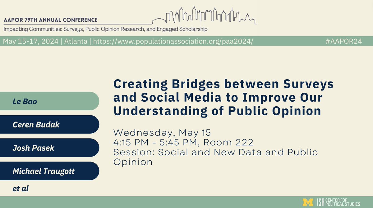 By demonstrating the complementary nature of survey and social media data, Le Bao et al describe methods for gaining more nuanced understanding of public opinion in the era of social media with more systematic and comprehensive methodologies for blending data streams. #AAPOR24