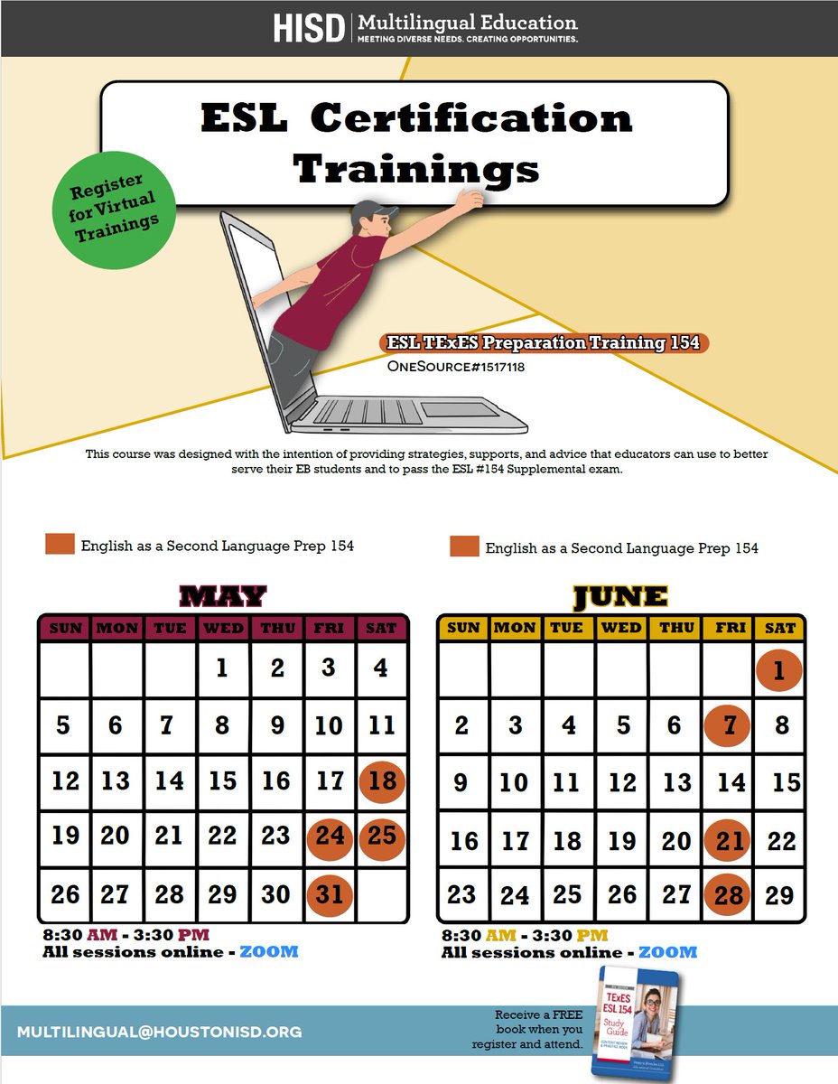 📢@TeamHISD🤔Still looking for certification courses❓📚 Do you want to get ESL or Bilingual certified❓🔍 Look no further, we are offering 🌞SUMMER trainings with FREE resources‼️ Did we mention, they are all VIRTUAL💻⁉️ ESL #1517118 Bilingual #1517119 BTLPT #1517120